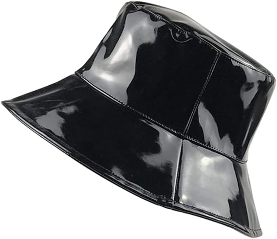 Shiny Black Waterproof Bucket Hat – Unisex PU Rain Hat, Outdoor Windproof & Sun Protection Hat, Fashion Glossy Style