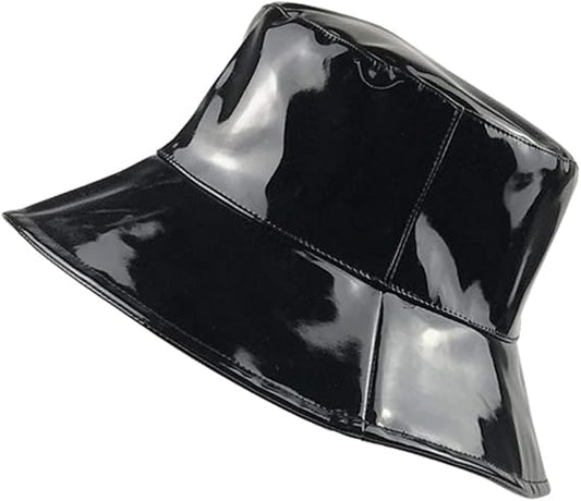 Shiny Black Waterproof Bucket Hat – Unisex PU Rain Hat, Outdoor Windproof & Sun Protection Hat, Fashion Glossy Style