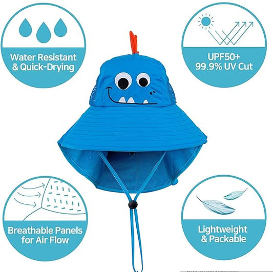 Kids Waterproof Rain Hat with Cartoon Monster Design – Wide Brim UV Protection UPF50+ Quick-Dry Sun Hat with Neck Flap, Breathable & Adjustable for Outdoor Use