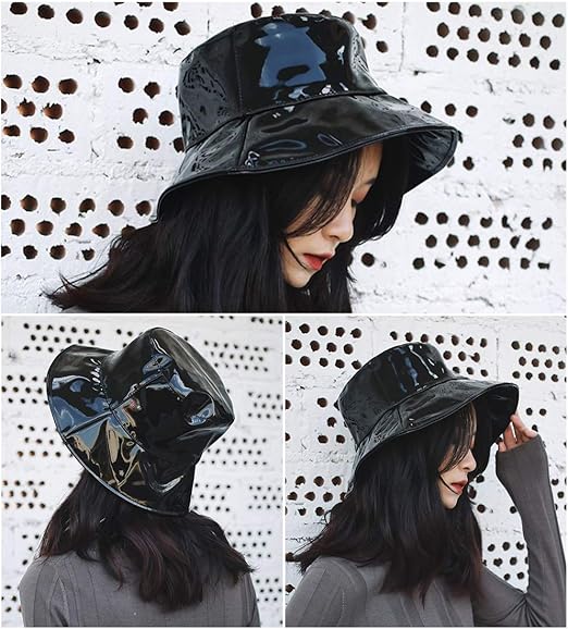 Shiny Black Waterproof Bucket Hat – Unisex PU Rain Hat, Outdoor Windproof & Sun Protection Hat, Fashion Glossy Style