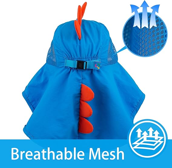 Kids Waterproof Rain Hat with Cartoon Monster Design – Wide Brim UV Protection UPF50+ Quick-Dry Sun Hat with Neck Flap, Breathable & Adjustable for Outdoor Use