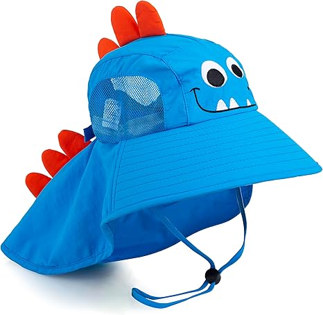 Kids Waterproof Rain Hat with Cartoon Monster Design – Wide Brim UV Protection UPF50+ Quick-Dry Sun Hat with Neck Flap, Breathable & Adjustable for Outdoor Use