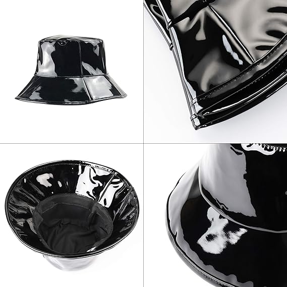 Shiny Black Waterproof Bucket Hat – Unisex PU Rain Hat, Outdoor Windproof & Sun Protection Hat, Fashion Glossy Style